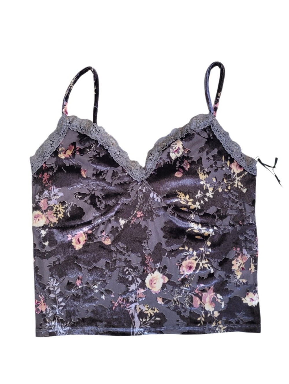 SELF ESTEEM Y2K Grey Floral Velvet Burnout Lace Trim Cami Tank Top Size L
